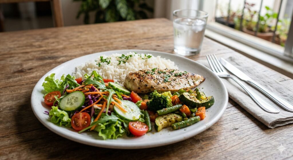 Prato organizado em sequência que remete ao controle do pico de glicose após a refeição