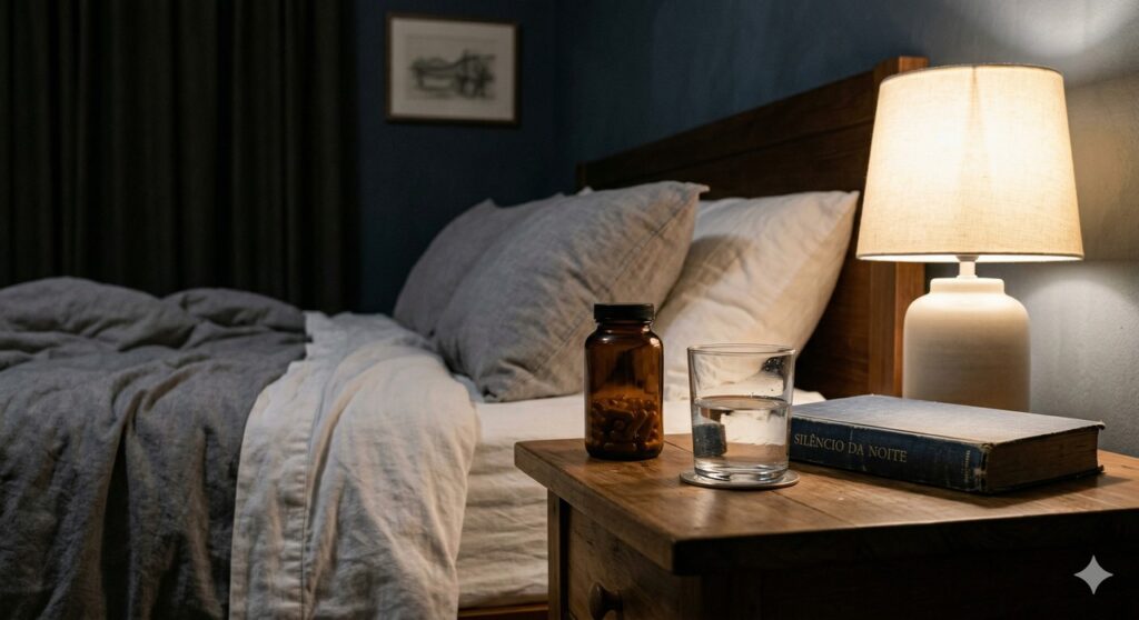 Cena remete ao uso noturno de magnésio para relaxamento e melhora do sono.