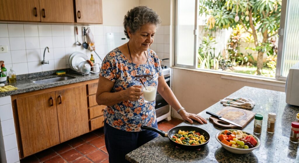 Pessoa idosa prepara uma refeição proteica para apoiar músculos e saúde intestinal.