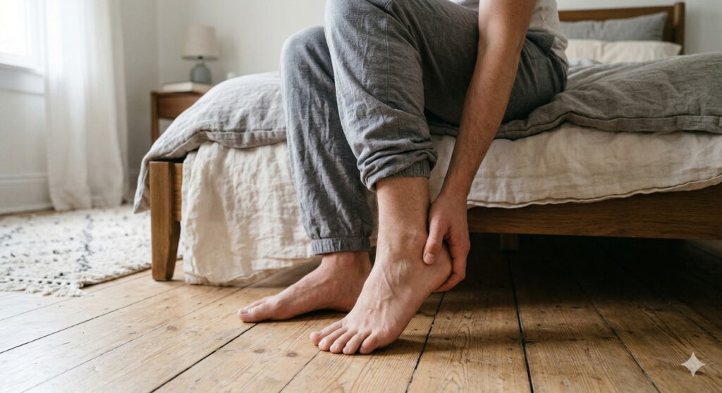 Pessoa segura o calcanhar ao pisar no chão ao acordar