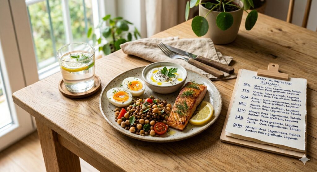 Cena mostra alimentos proteicos indicados para apoiar o intestino e a nutrição dos idosos