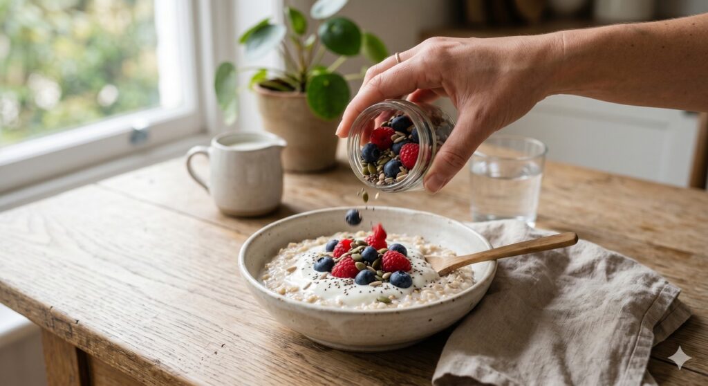 Mãos preparando aveia com iogurte, frutas vermelhas e sementes.