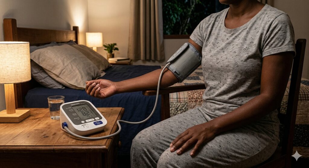 Pessoa mede a pressão à noite com postura correta e braço apoiado na altura do coração