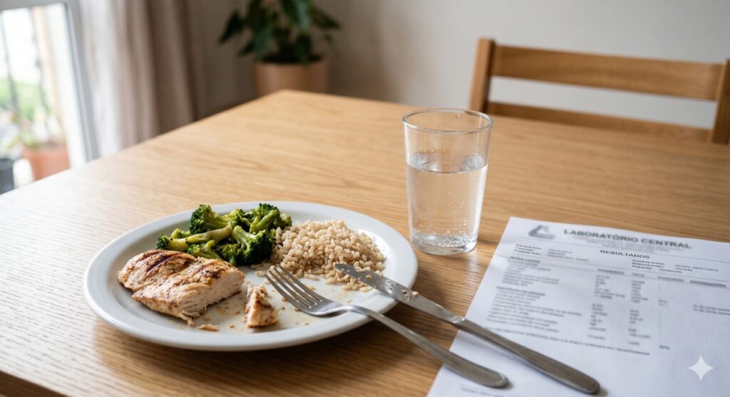 Cena remete ao cansaço após comer proteína e à investigação de má absorção intestinal.