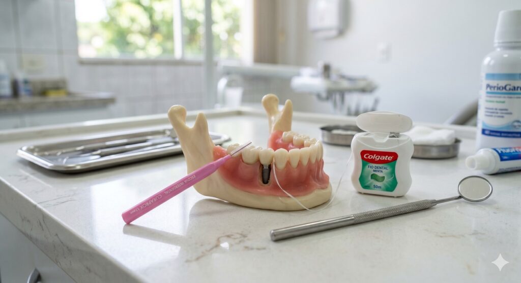 Itens de cuidado bucal remetem à inflamação ao redor do implante e à prevenção.