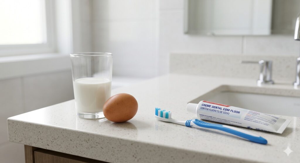 Flúor e alimentos fonte de nutrientes em cena simples ligada ao cuidado com o esmalte