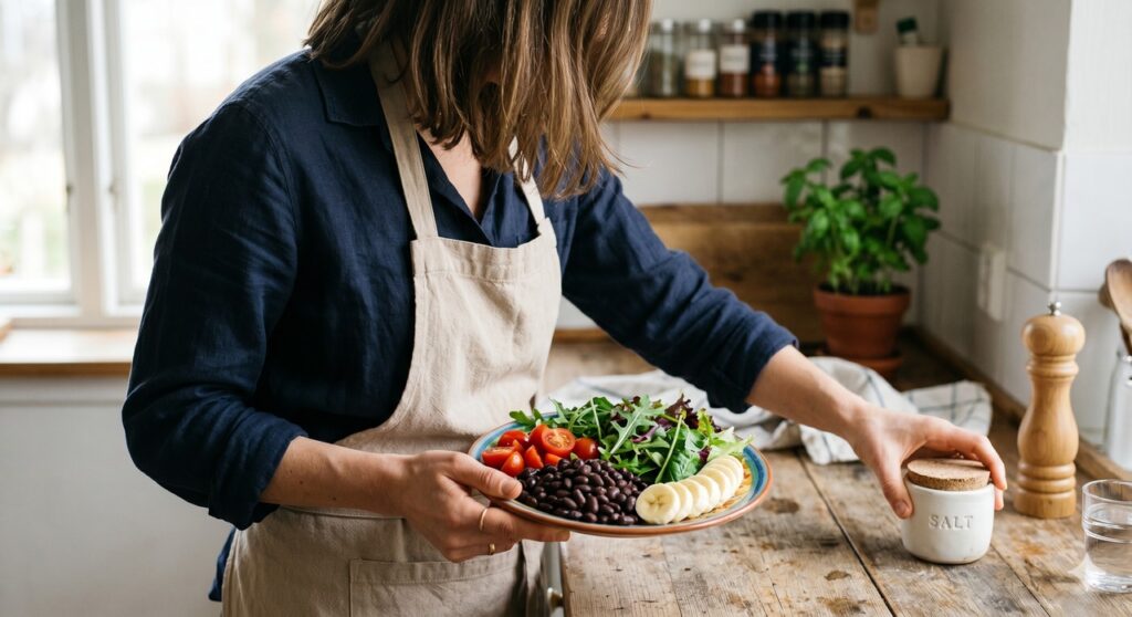 Mãos temperando uma refeição com limão e ervas no lugar do excesso de sal.