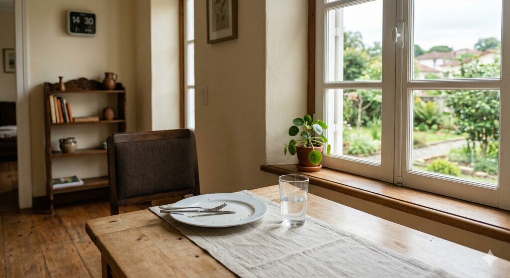 Ambiente tranquilo após o almoço sugere uma pausa silenciosa para recuperação mental