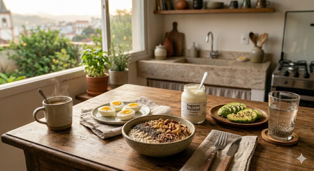 Alimentos ricos em colina, ômega-3 e vitamina E em um café da manhã equilibrado.