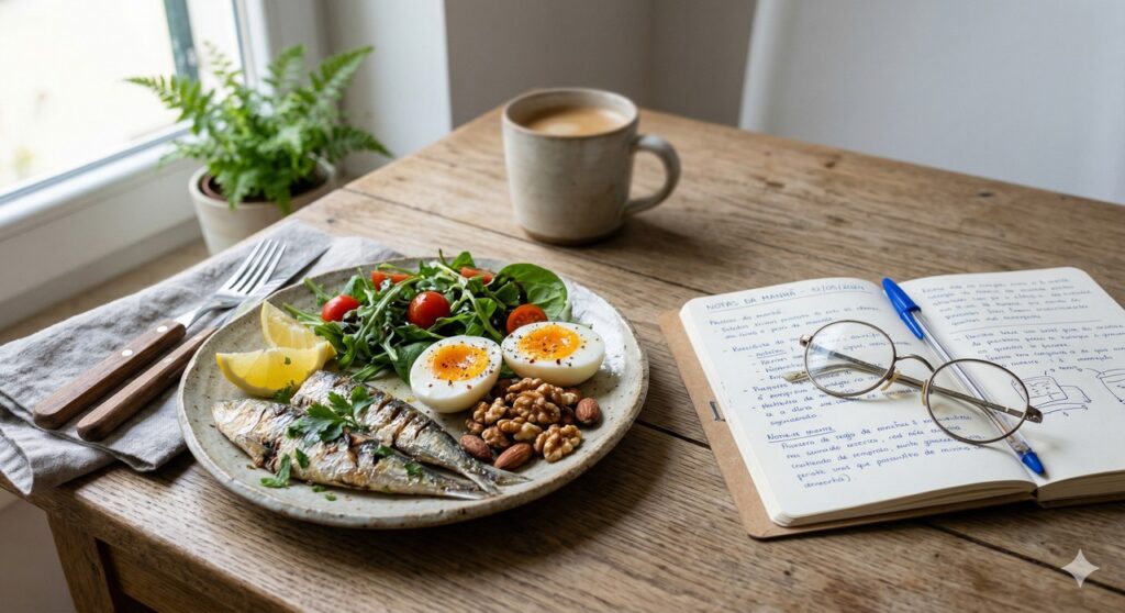 Cena realista com alimentos ricos em nutrientes ligados à proteção da memória