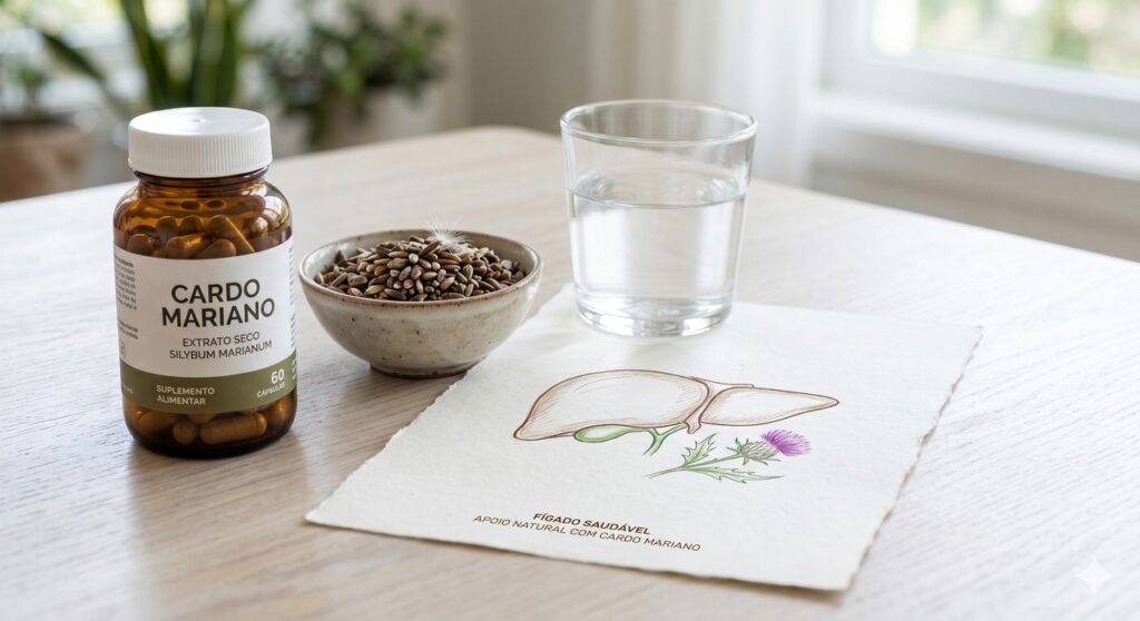 Suplemento de cardo mariano e elementos ligados ao cuidado natural do fígado