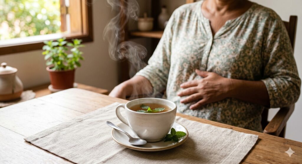 Chá de hortelã morno surge como apoio curto para aliviar o desconforto intestinal.