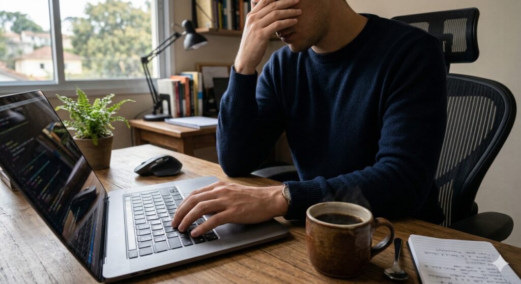 Pessoa no trabalho mostra sinais de névoa mental após noites de sono insuficiente