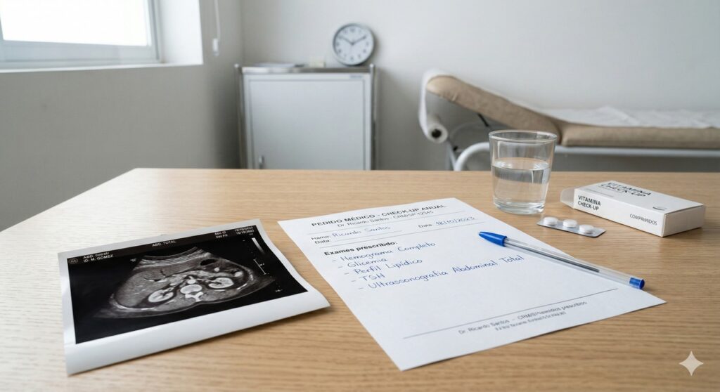 Ultrassonografia, pedido médico e água em cena que remete ao diagnóstico da esteatose hepática