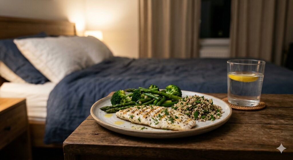 Refeição noturna equilibrada em cena ligada ao controle da glicose e à qualidade do sono