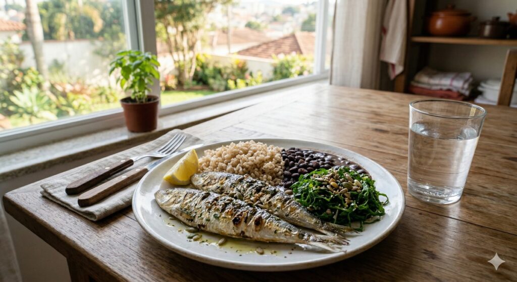 Prato equilibrado com nutrientes importantes para a saúde óssea de idosos.