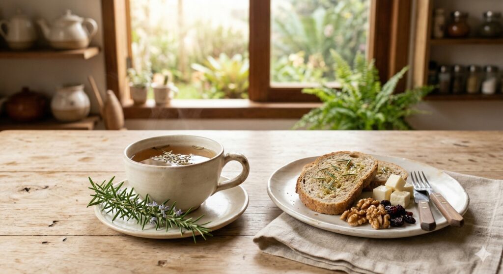 Cena realista com chá de alecrim associada ao cuidado digestivo e metabólico