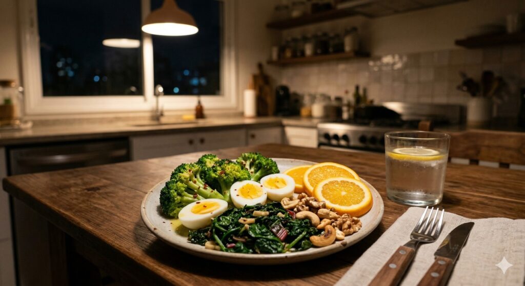 Refeição com alimentos ricos em antioxidantes e nutrientes ligados ao cuidado com o fígado.