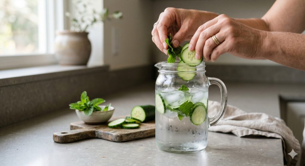 Mãos preparando água com pepino e hortelã sem açúcar.