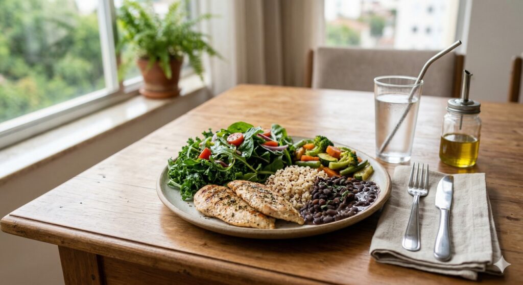 Almoço com verduras, azeite, proteína magra e grãos ajuda a proteger o fígado