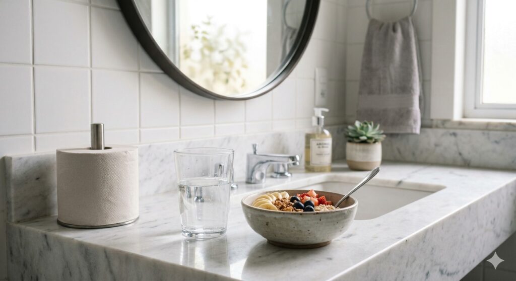 Hidratação e alimentação com fibras ajudam a manter o intestino saudável.