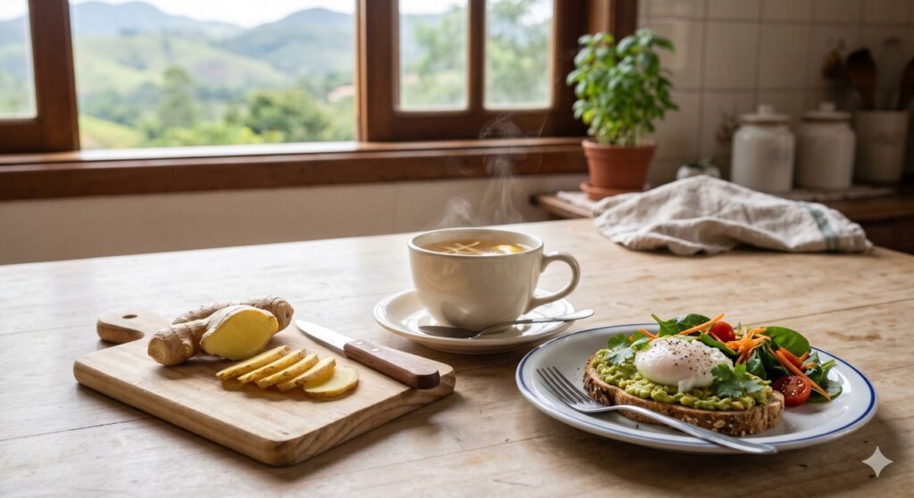 Raiz de gengibre em cena simples ligada ao cuidado digestivo e metabólico