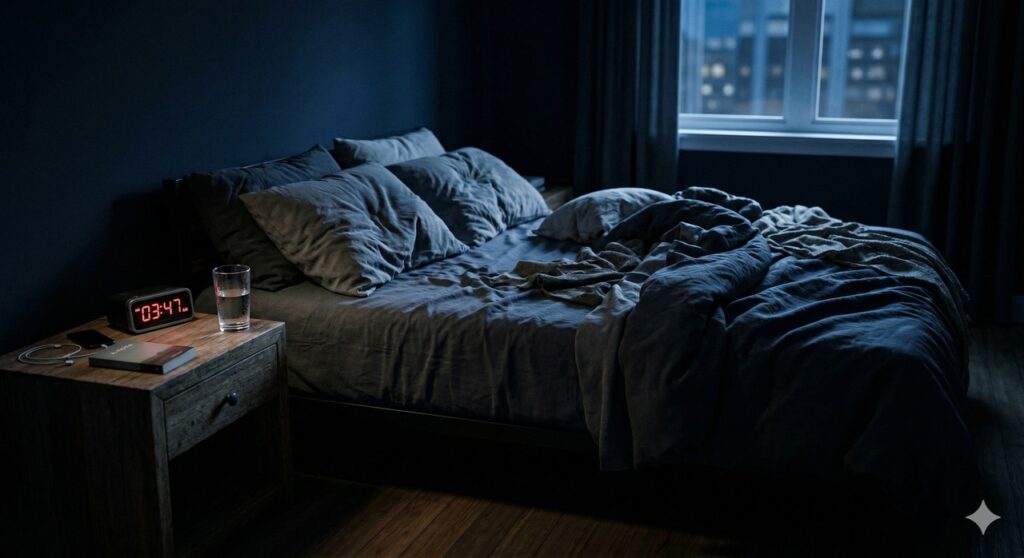 Cena representa o despertar assustado no meio da noite em ambiente escuro e silencioso.