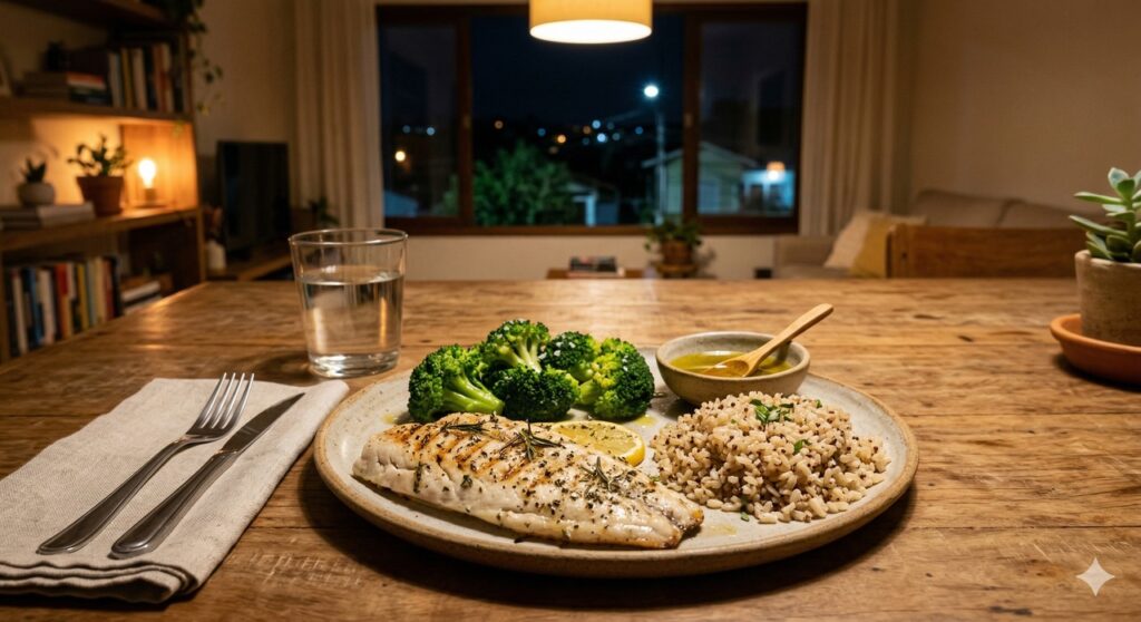 Peixe, brócolis, arroz integral e azeite compõem um jantar favorável ao fígado