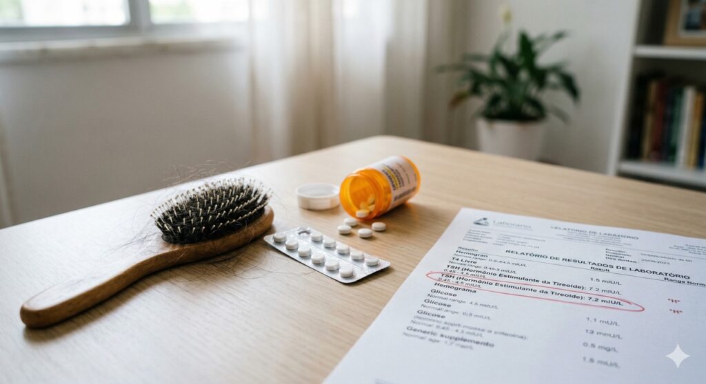 Escova com fios de cabelo próxima a exame de TSH indicando relação com a tireoide