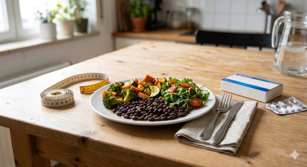Refeição equilibrada e itens do dia a dia que ajudam a contextualizar o ganho de peso no idoso.