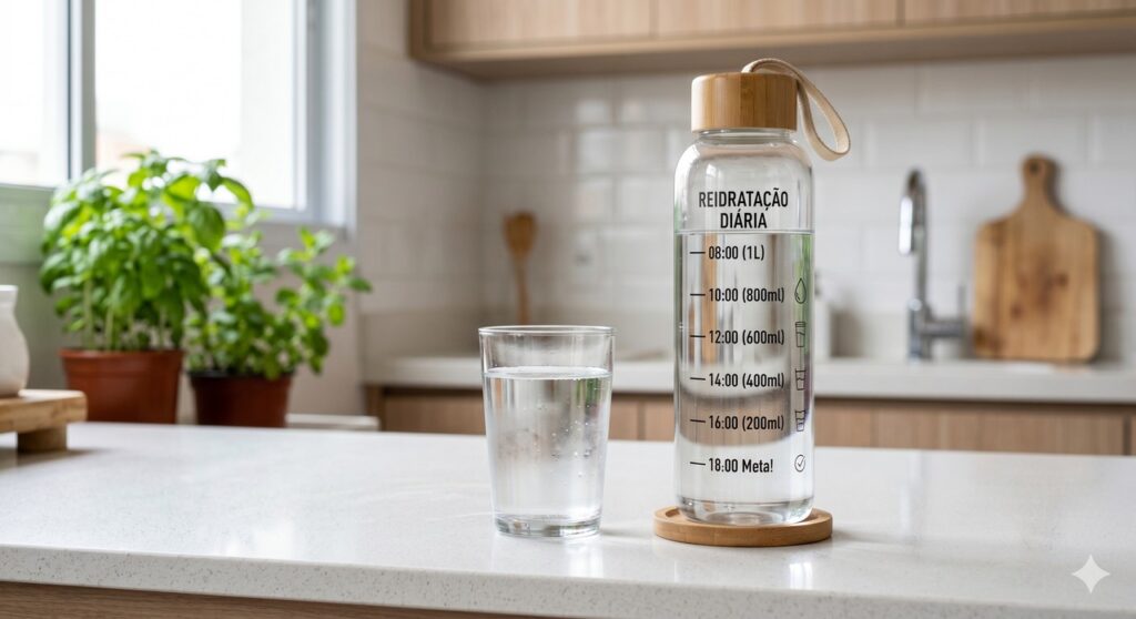 Água distribuída ao longo do dia em cena simples que remete ao cuidado com o fígado