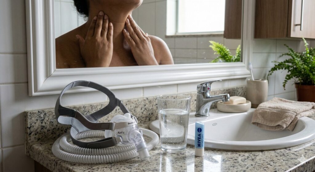 Espelho mostra mãos na região dos olhos e máscara CPAP ao lado na rotina da manhã