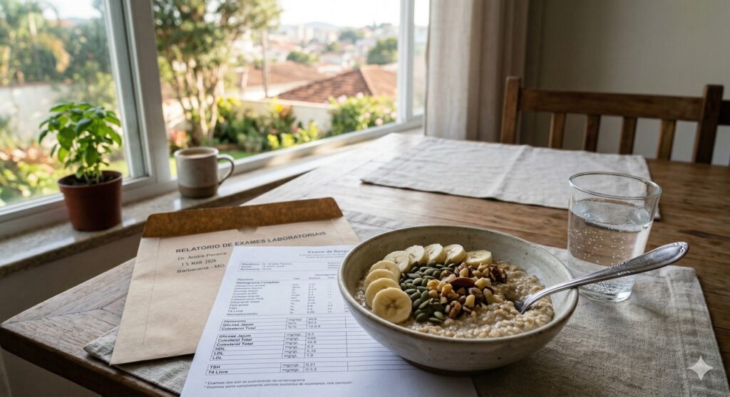 Café da manhã com fontes de magnésio e referência à investigação da saúde da tireoide.