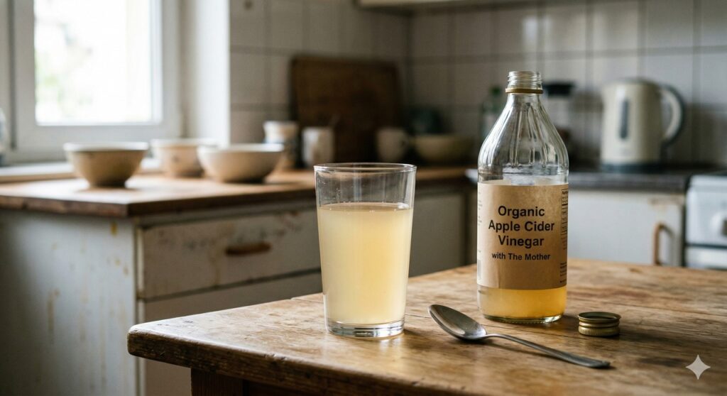 Copo com vinagre de maçã diluído preparado para auxiliar no controle da glicemia