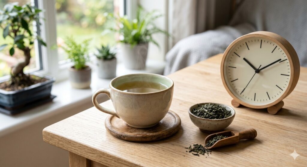 Xícara de chá verde em uma rotina de consumo moderado e cuidadoso.