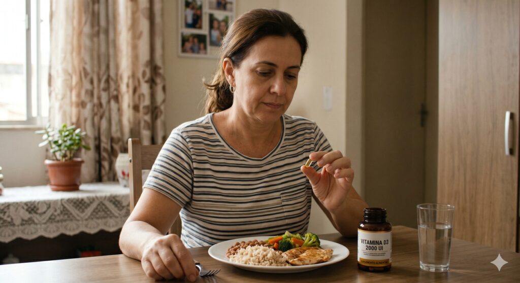 Pessoa se prepara para tomar vitamina D junto da refeição de forma segura e regular.