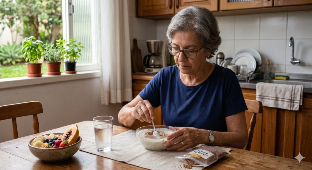 Pessoa idosa mistura linhaça moída numa refeição leve para ajudar o intestino preso.
