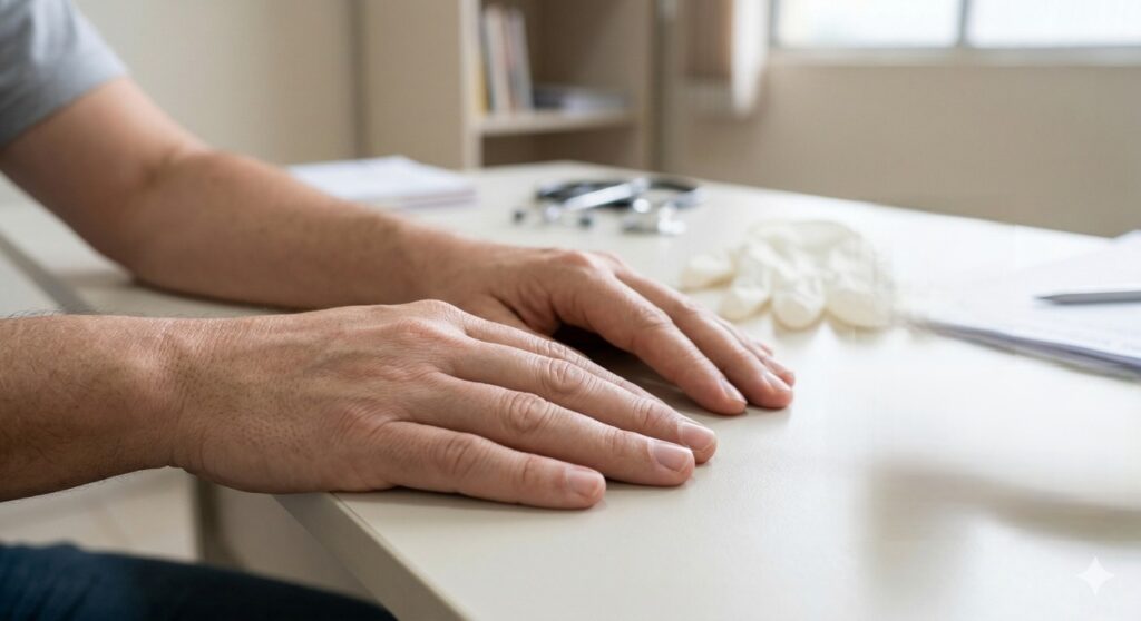 Cena mostra mãos e suplemento de vitamina B12 ligados ao formigamento persistente