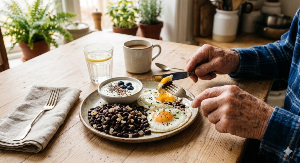 Alimentos ricos em proteína em uma refeição pensada para o cuidado muscular na terceira idade.