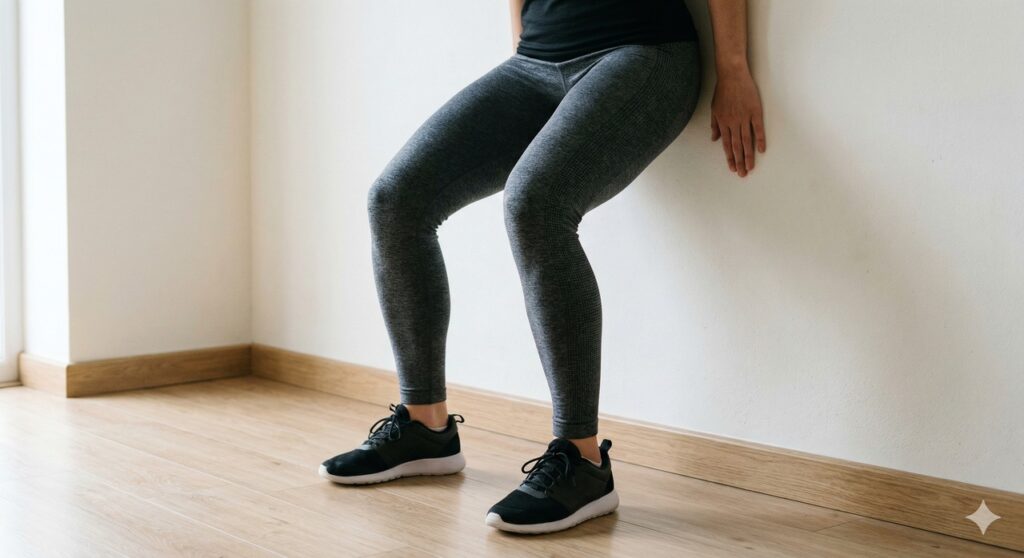 Pessoa realiza agachamento com apoio na parede para proteger as articulações