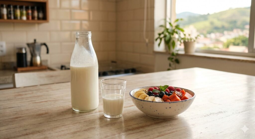 Bebida fermentada servida em pequena porção em uma rotina de cuidado intestinal.