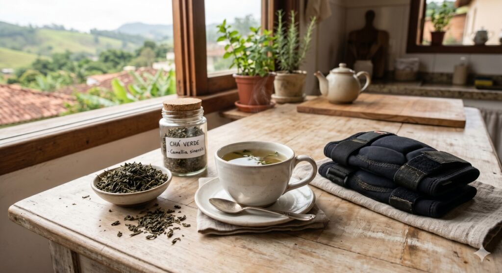 Xícara de chá verde em cena simples ligada ao suporte articular na terceira idade