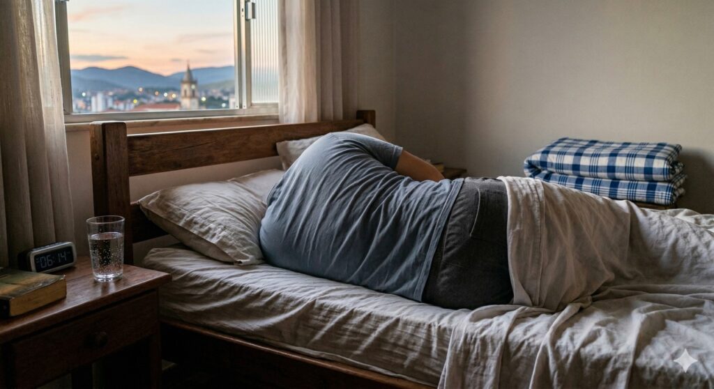 Cena mostra desconforto abdominal ao acordar, comum em casos de excesso de gases pela manhã.