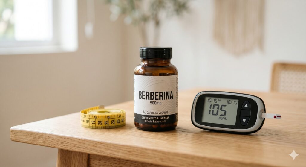 Suplemento de berberina e glicosímetro em cena que remete ao controle da glicose.