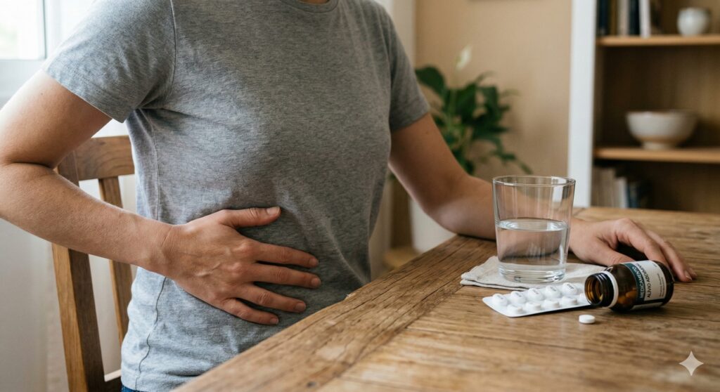 Cena realista que remete à dor abdominal esquerda e à necessidade de investigar sinais persistentes