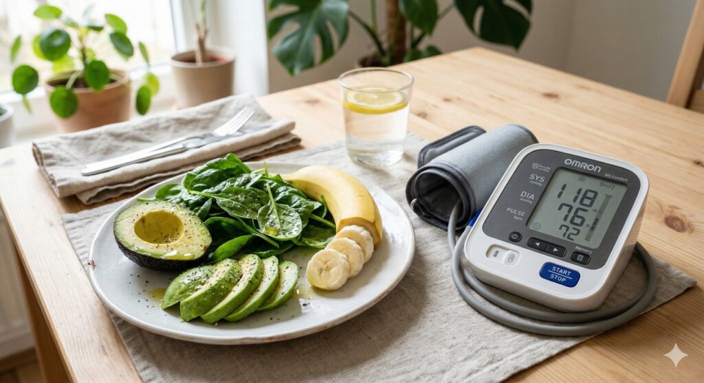 Frutas e verduras com aparelho de pressão destacando o controle da hipertensão