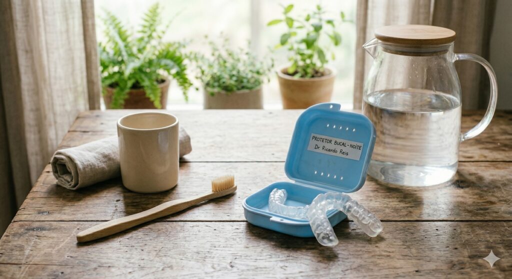 Placa dentária ao lado de itens de higiene bucal usada no controle do bruxismo