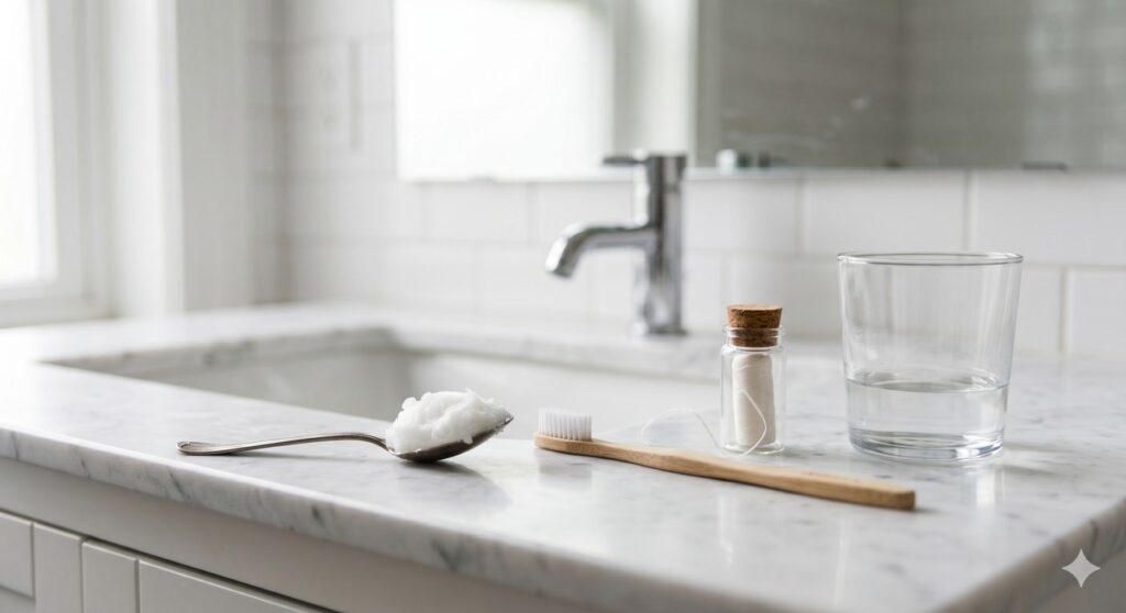 Óleo de coco ao lado de itens de higiene em uma rotina complementar de cuidado com a boca.