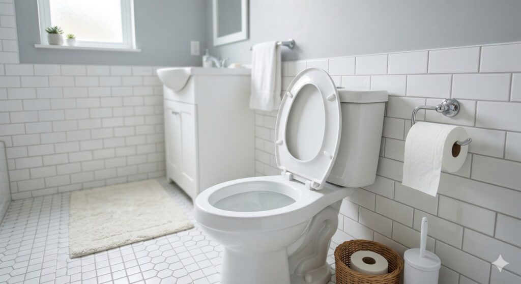 Ambiente de banheiro que remete à observação das fezes como indicador de saúde