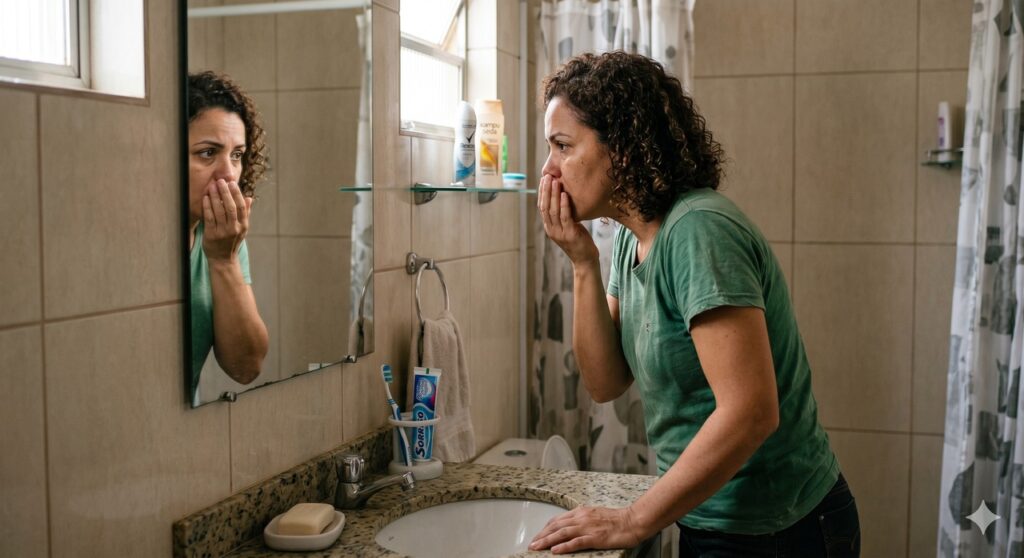 Pessoa observa mau hálito persistente e procura perceber se há um sinal além da boca.